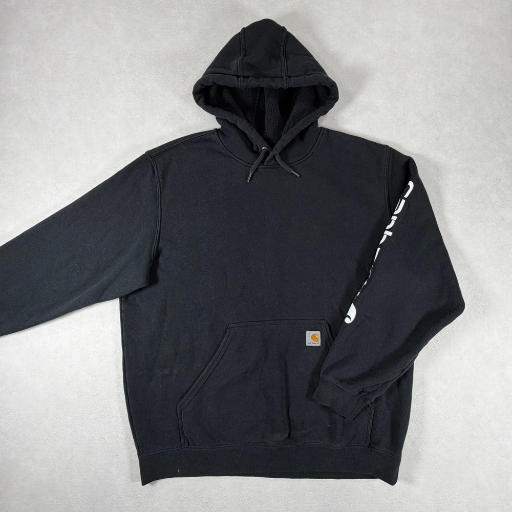 Carhartt Mens XL Loose Fit Sleeve Logo Hoodie Black Sweatshirt Workwear